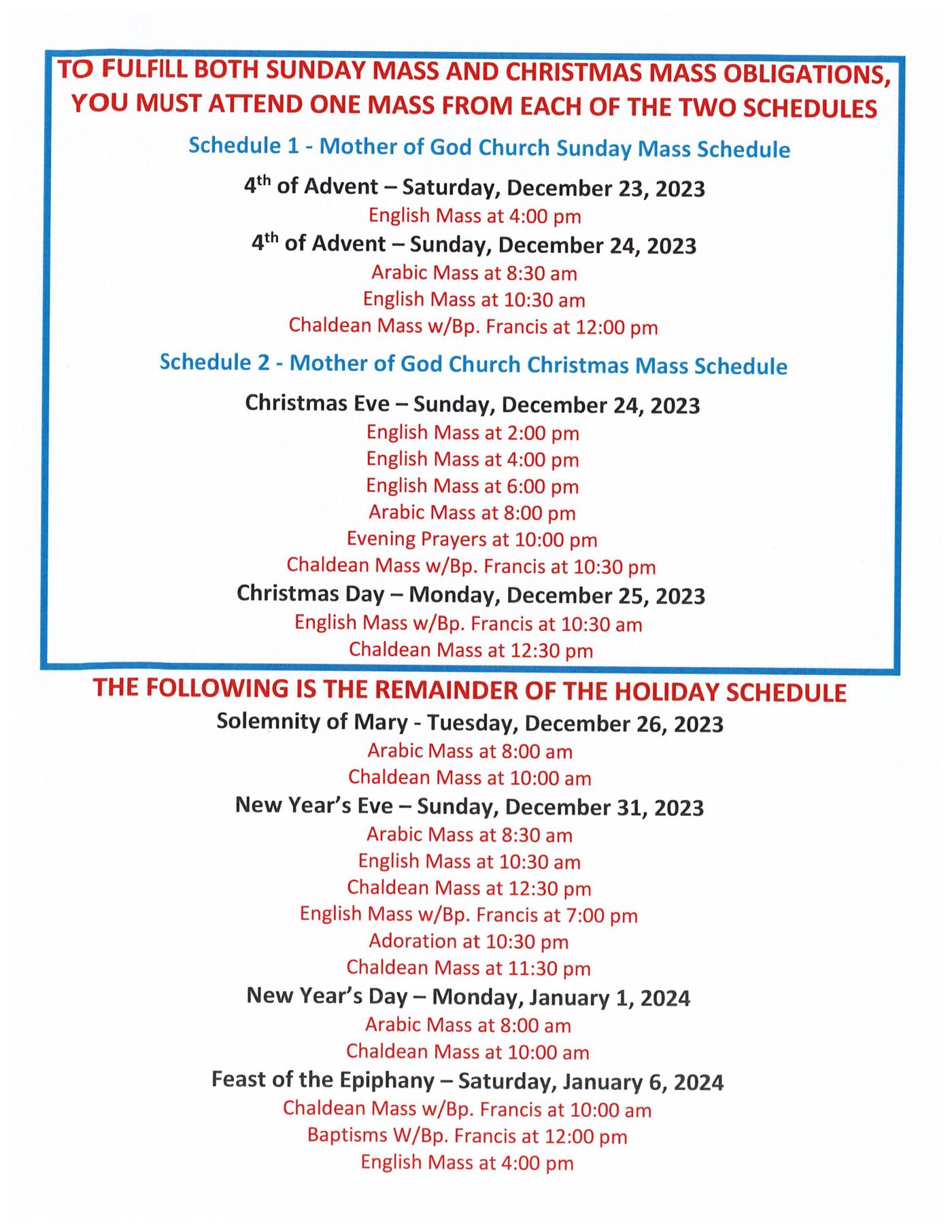 2023/2024 Christmas & New Year's Mass Schedule Chaldean Diocese of St