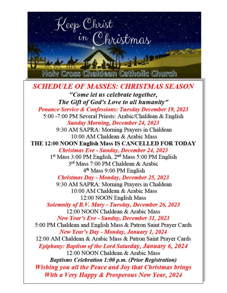 2023 2024 Christmas And New Years Mass Schedule Chaldean Diocese Of St