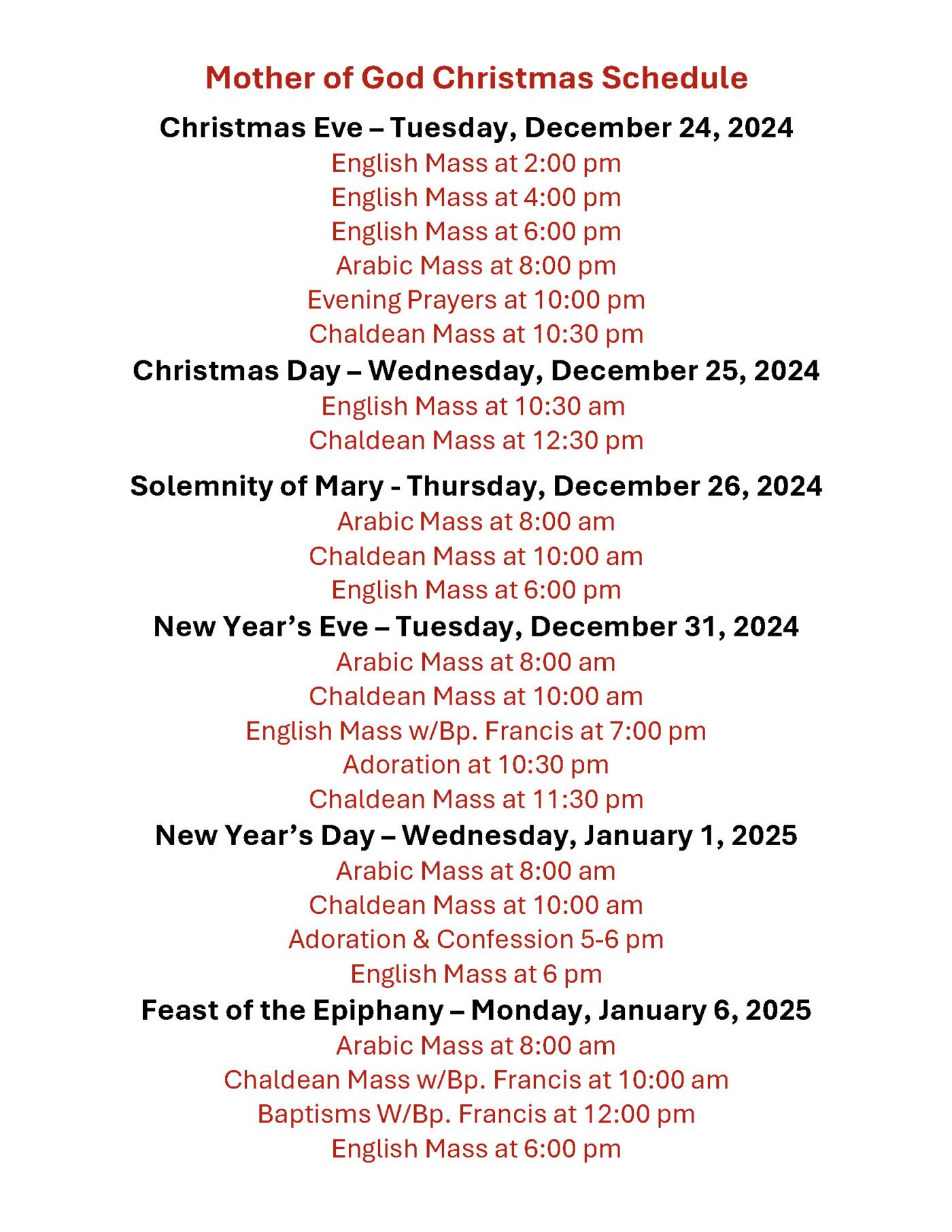 2025 christmas mass schedule